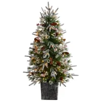 4' Pre-Lit Frosted Artificial Tree and Berries in Decorative Planter in Green by Bellanest