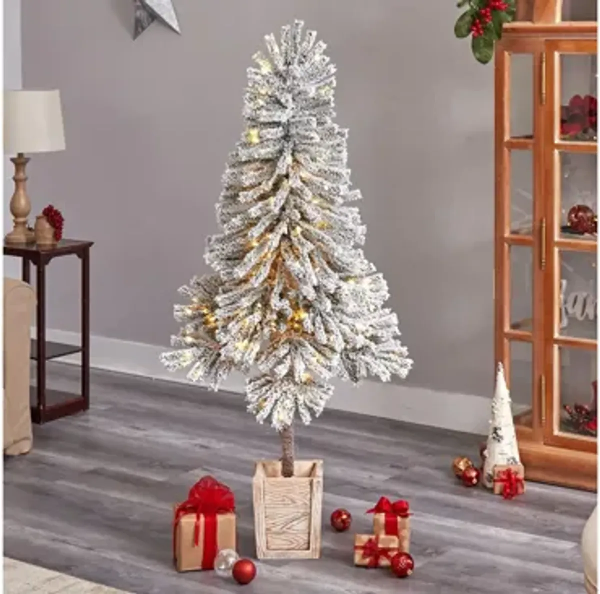 5' Pre-Lit Winter Flocked Leaning Artificial Tree