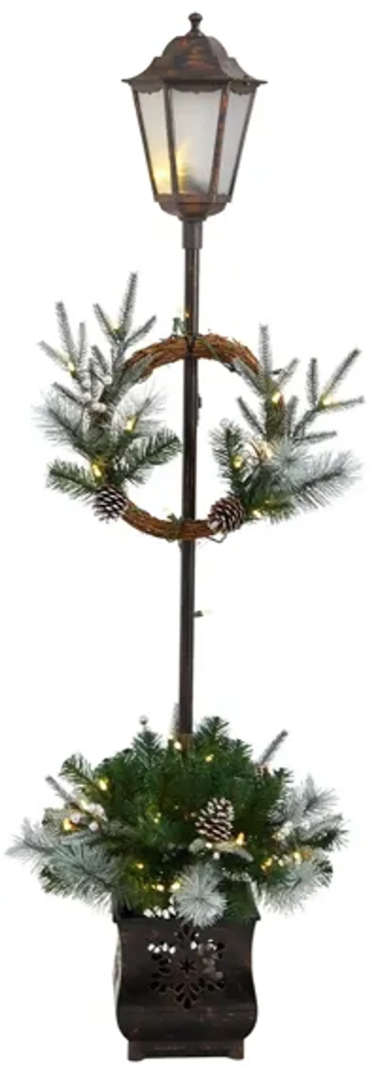 5' Holiday Pre-Lit Decorated Lamp Post with Artificial Holiday Greenery in Green by Bellanest