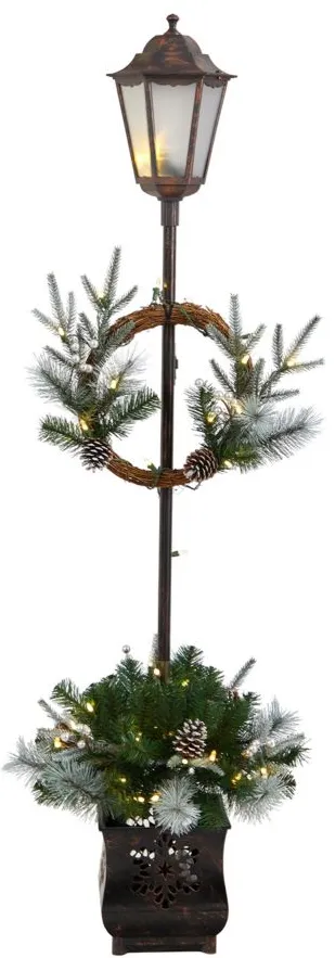 5' Holiday Pre-Lit Decorated Lamp Post with Artificial Holiday Greenery in Green by Bellanest