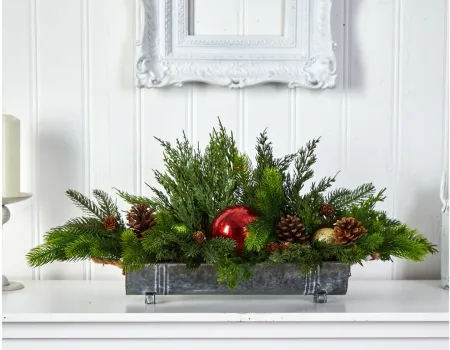 24" Cedar Pine, Pinecones and Ornaments Artificial Arrangement in Tin Vase in Green/Red by Bellanest