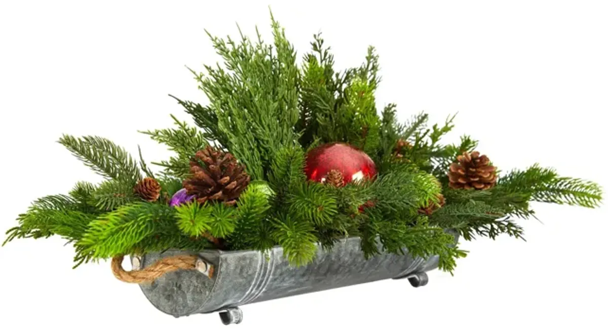 24" Cedar Pine, Pinecones and Ornaments Artificial Arrangement in Tin Vase