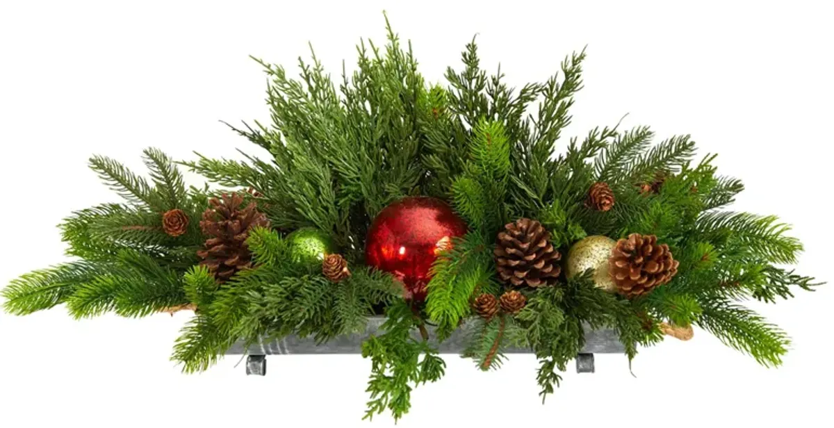 24" Cedar Pine, Pinecones and Ornaments Artificial Arrangement in Tin Vase