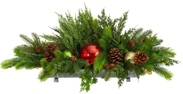 24" Cedar Pine, Pinecones and Ornaments Artificial Arrangement in Tin Vase