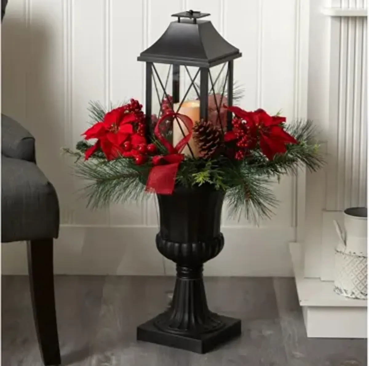 33" Holiday Berries and Poinsettia with Large Lantern and LED Candle