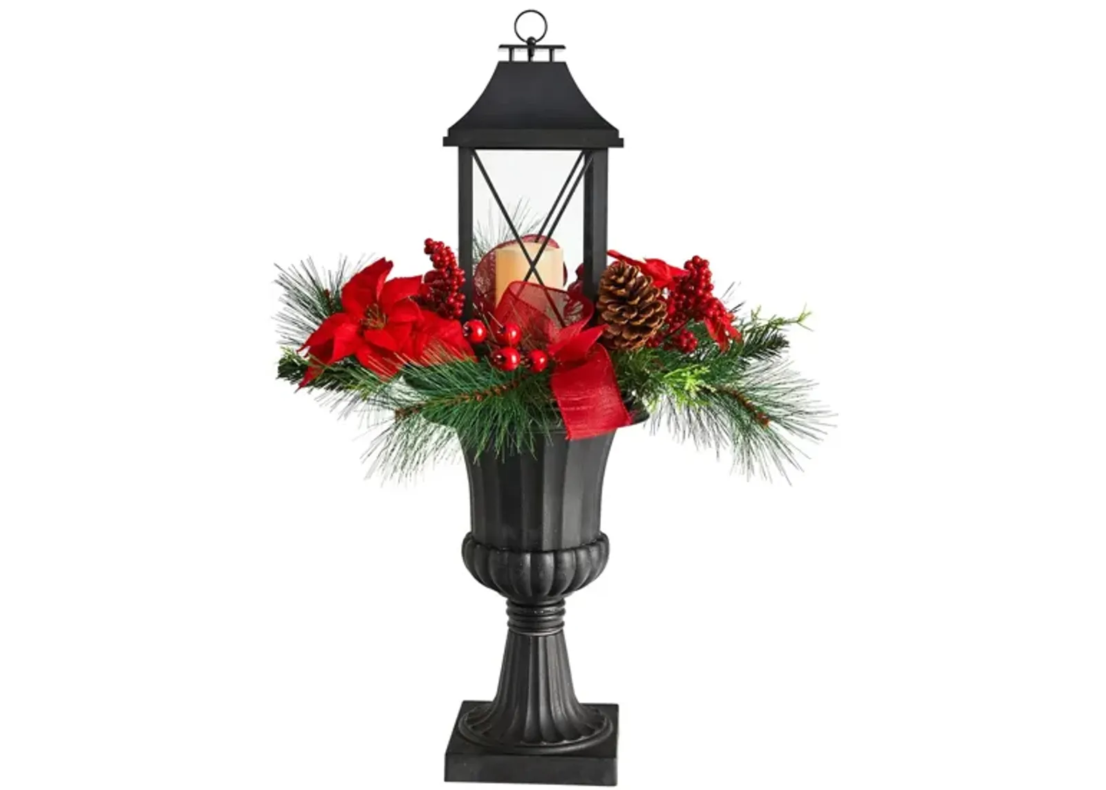 33" Holiday Berries and Poinsettia with Large Lantern and LED Candle in Green/Red by Bellanest