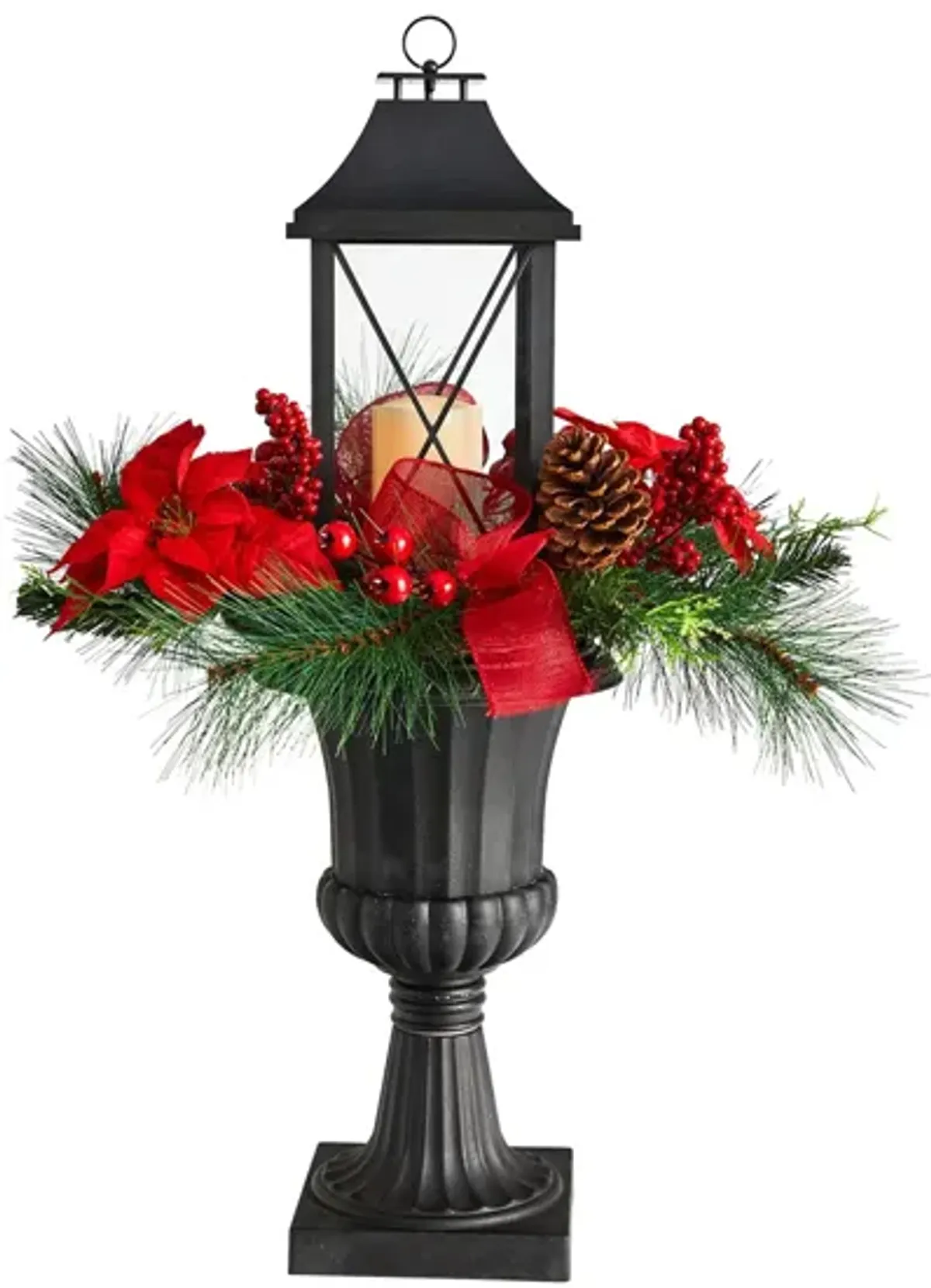 33" Holiday Berries and Poinsettia with Large Lantern and LED Candle