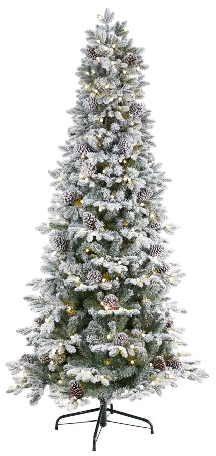 7.5' Pre-Lit Flocked Alaskan Artificial Tree in Green by Bellanest