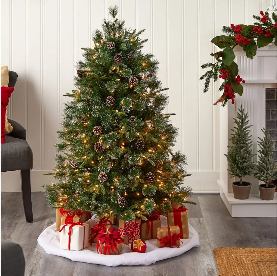 5' Pre-Lit Snowed Tipped Clermont Mixed Pine Artificial Tree in Green by Bellanest