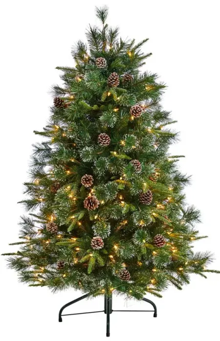 5' Pre-Lit Snowed Tipped Clermont Mixed Pine Artificial Tree in Green by Bellanest