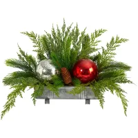 18" Holiday Winter Cedar Pine Artificial Table Arrangement with Ornaments in Green/Red by Bellanest