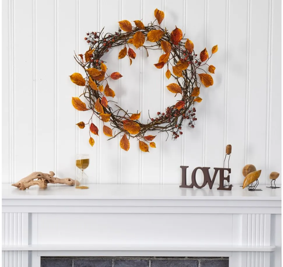 19" Leaf and Twig Artificial Wreath in Orange by Bellanest