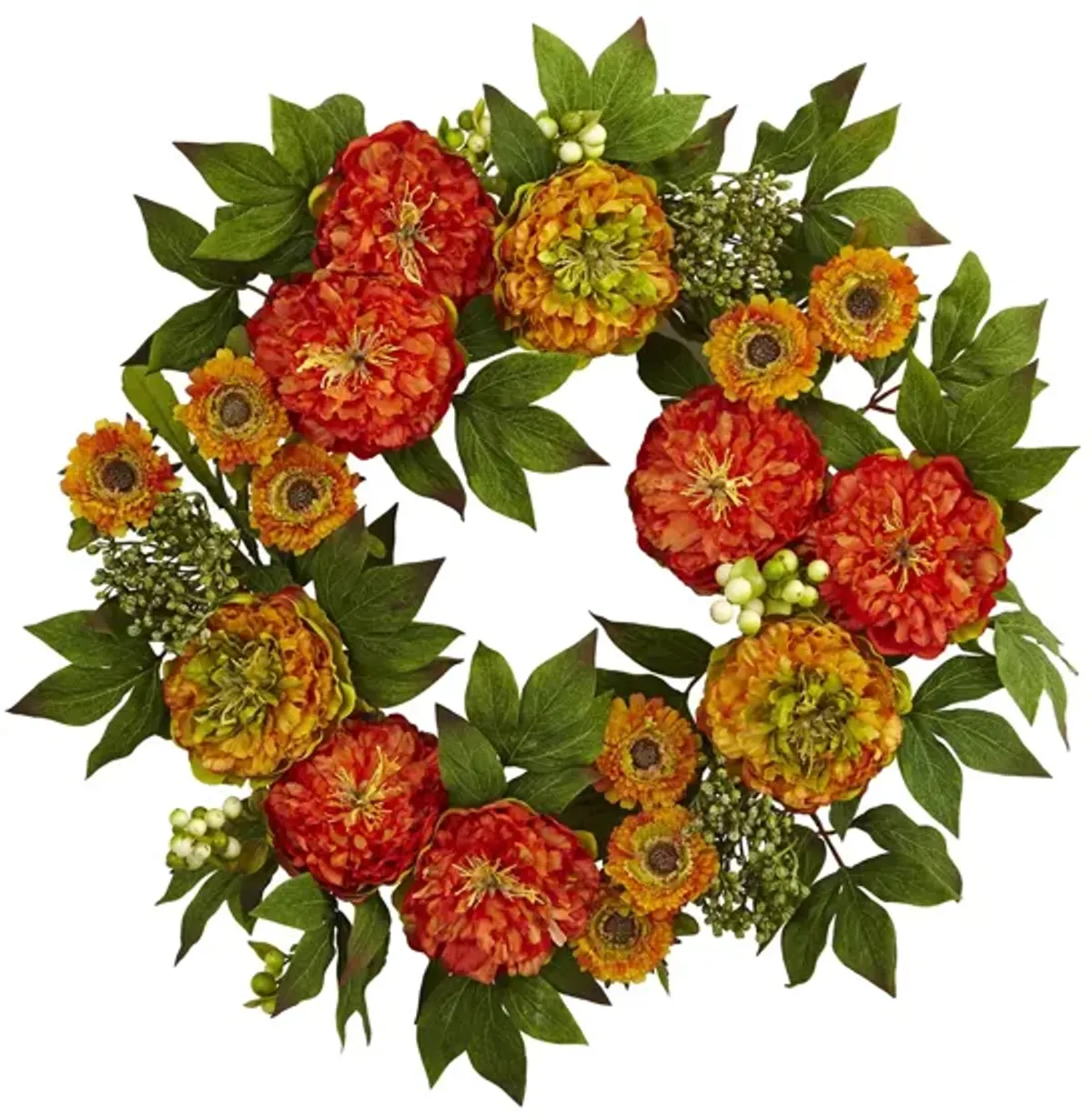 24" Peony and Mum Artificial Wreath in Orange by Bellanest