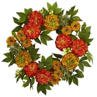 24" Peony and Mum Artificial Wreath in Orange by Bellanest