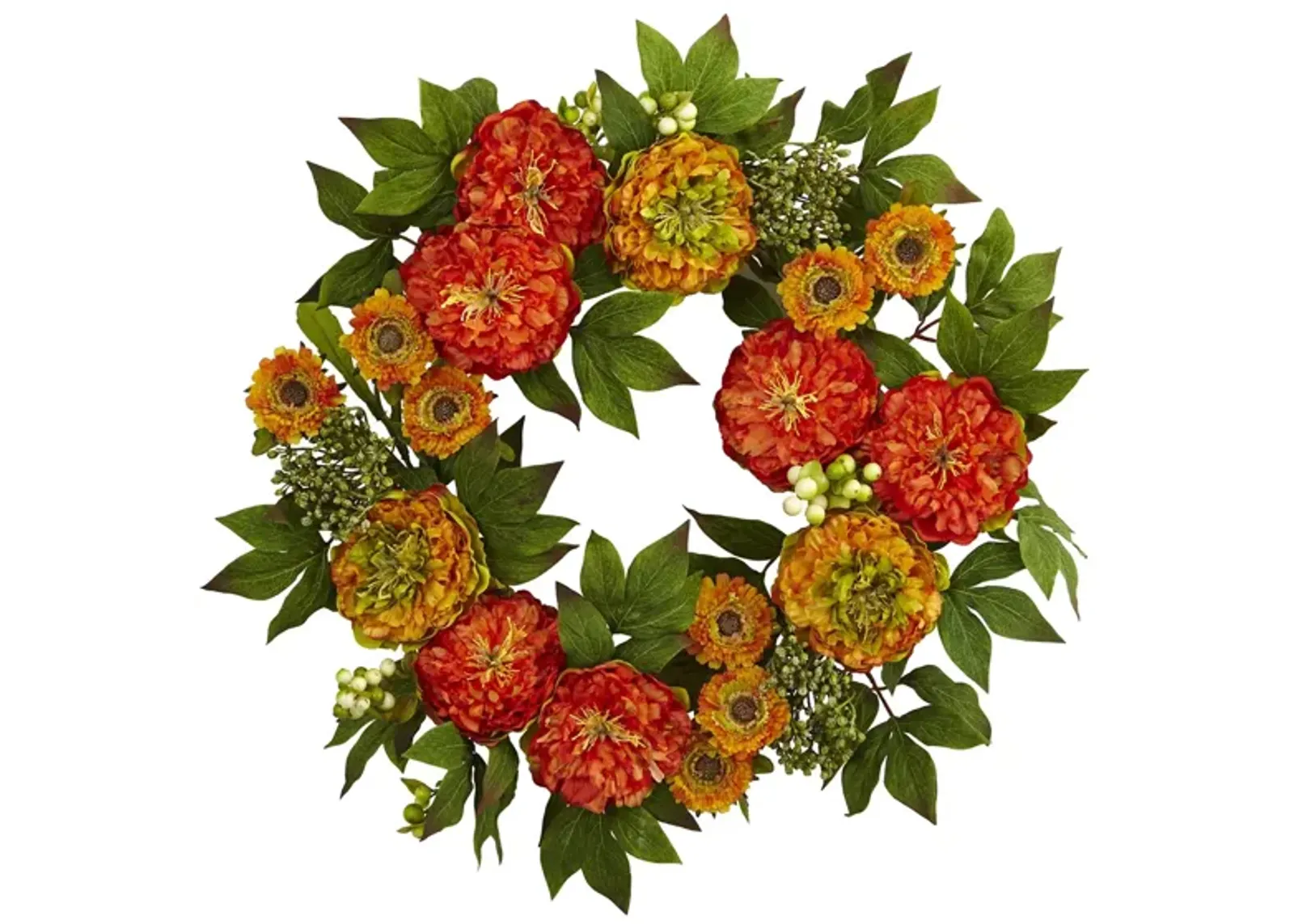 24" Peony and Mum Artificial Wreath in Orange by Bellanest