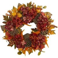 24" Hydrangea and Lotus Artificial Wreath in Orange by Bellanest