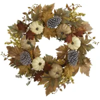 24" Pumpkins and Pine Cones Artificial Wreath in Green by Bellanest