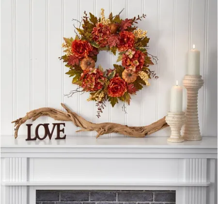 24" Peony and Pumpkins Artificial Wreath in Orange by Bellanest