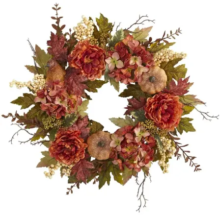 24" Peony and Pumpkins Artificial Wreath in Orange by Bellanest