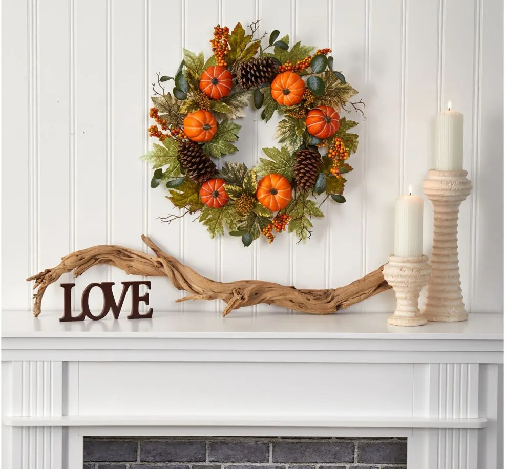 24" Pumpkins and Berries Artificial Wreath in Green by Bellanest