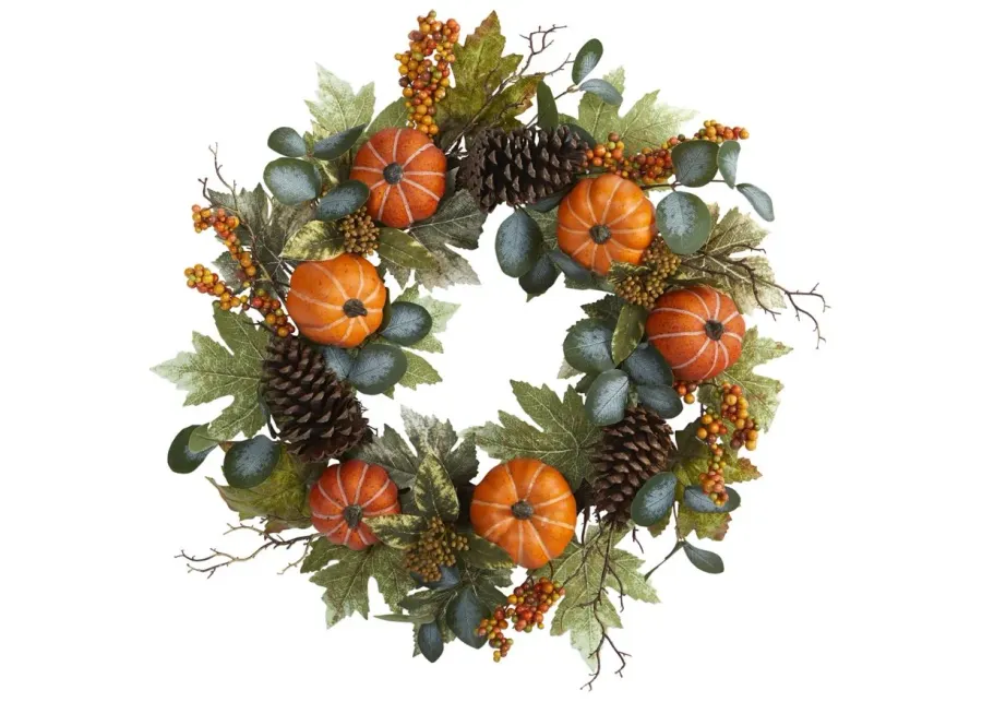 24" Pumpkins and Berries Artificial Wreath in Green by Bellanest
