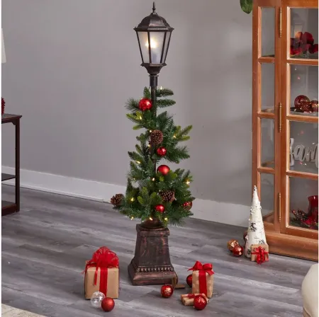 5' Pre-Lit Holiday Decorated Lamp Post with Artificial Greenery in Green by Bellanest