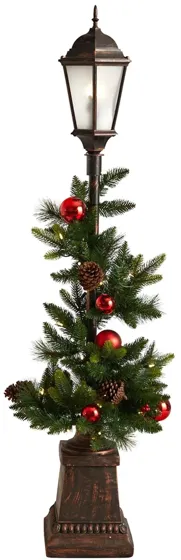 5' Pre-Lit Holiday Decorated Lamp Post with Artificial Greenery in Green by Bellanest