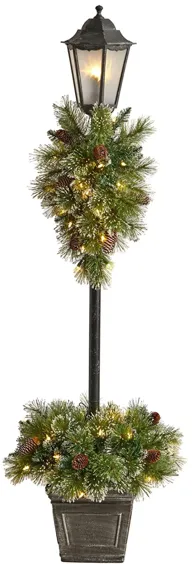 5' Holiday Pre-Lit Decorated Lamp Post with Artificial Greenery, Decorative Container in Green by Bellanest