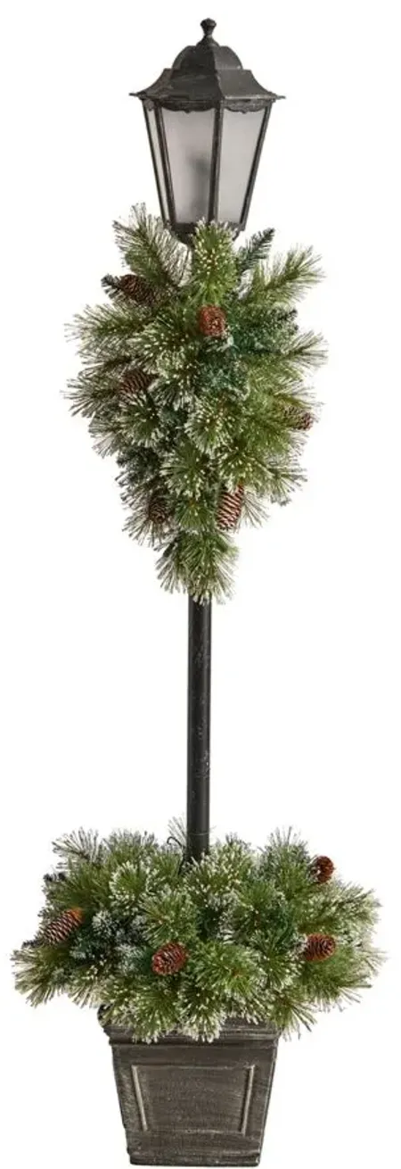 5' Holiday Pre-Lit Decorated Lamp Post with Artificial Greenery, Decorative Container in Green by Bellanest