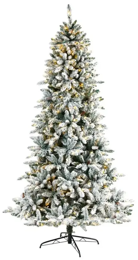 8' Pre-Lit Flocked Livingston Fir Artificial Tree with Pine Cones in Green by Bellanest