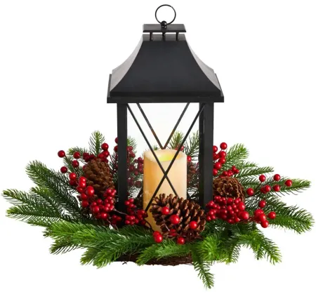 16" Holiday Table Arrangement with Lantern and LED Candle in Green/Red by Bellanest