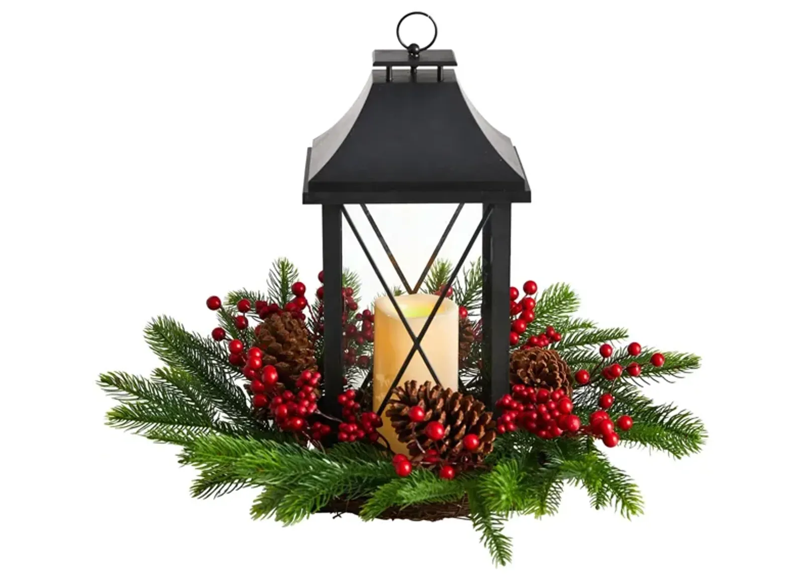 16" Holiday Table Arrangement with Lantern and LED Candle in Green/Red by Bellanest