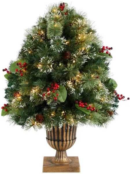 3' Holiday Pre-Lit Snow Tip Artificial Plant in Urn in Green by Bellanest