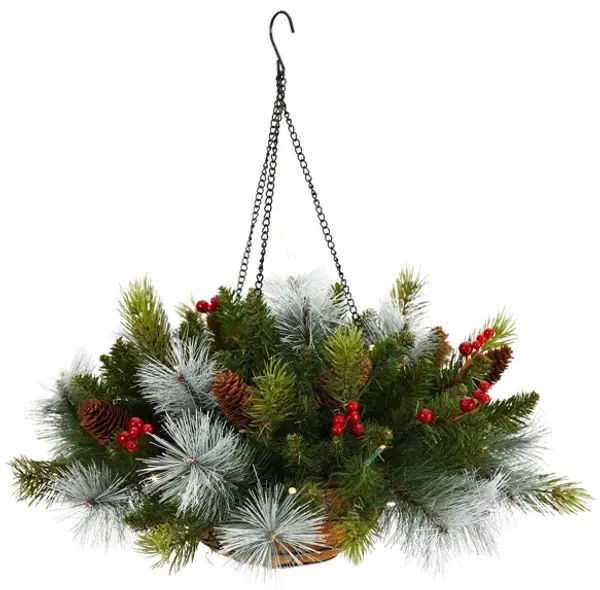 24" Holiday Pre-Lit Pine and Berries Artificial Hanging Basket