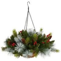 24" Holiday Pre-Lit Pine and Berries Artificial Hanging Basket in Green by Bellanest