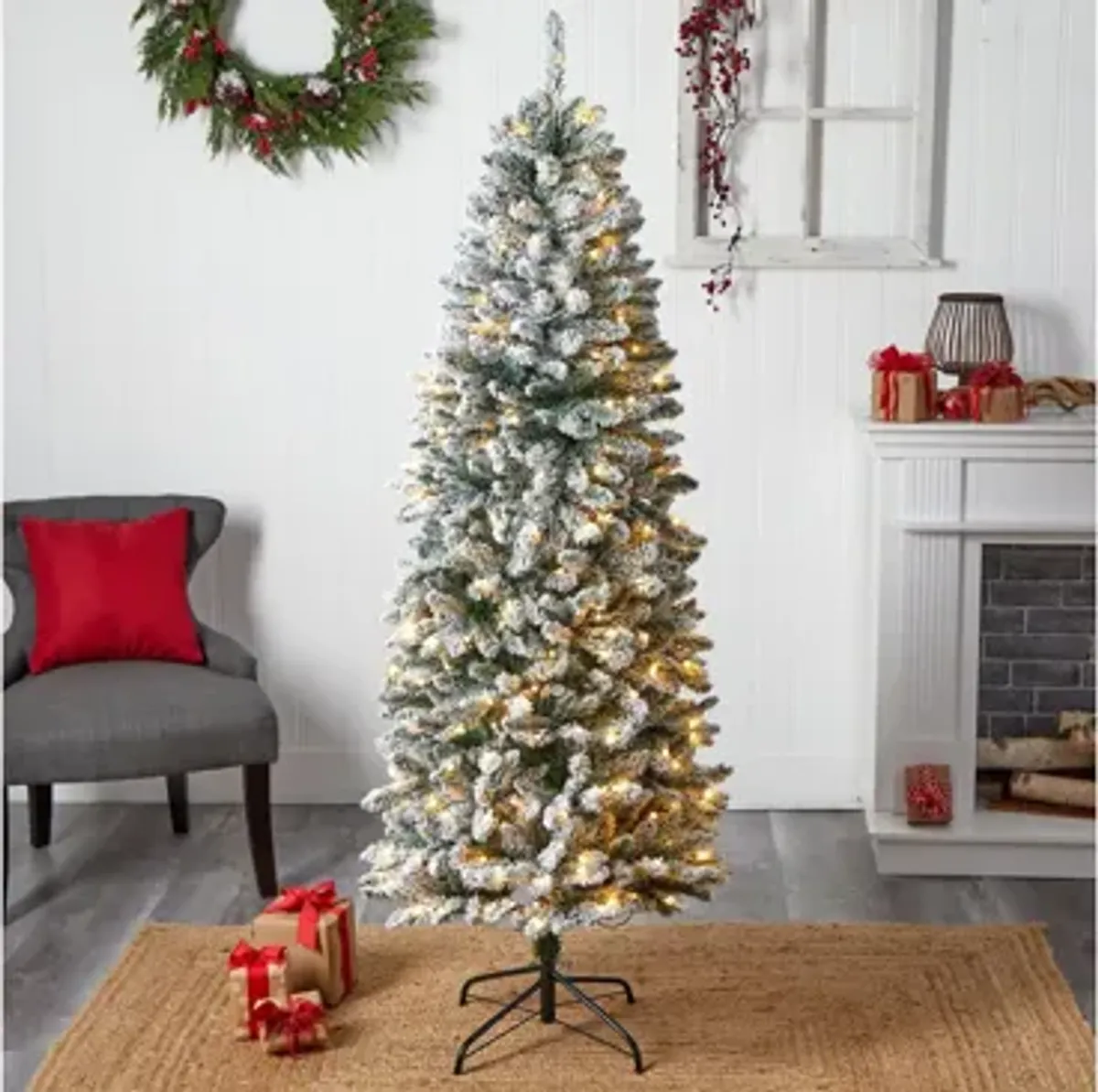 6' Pre-Lit Slim Flocked Montreal Fir Artificial Tree