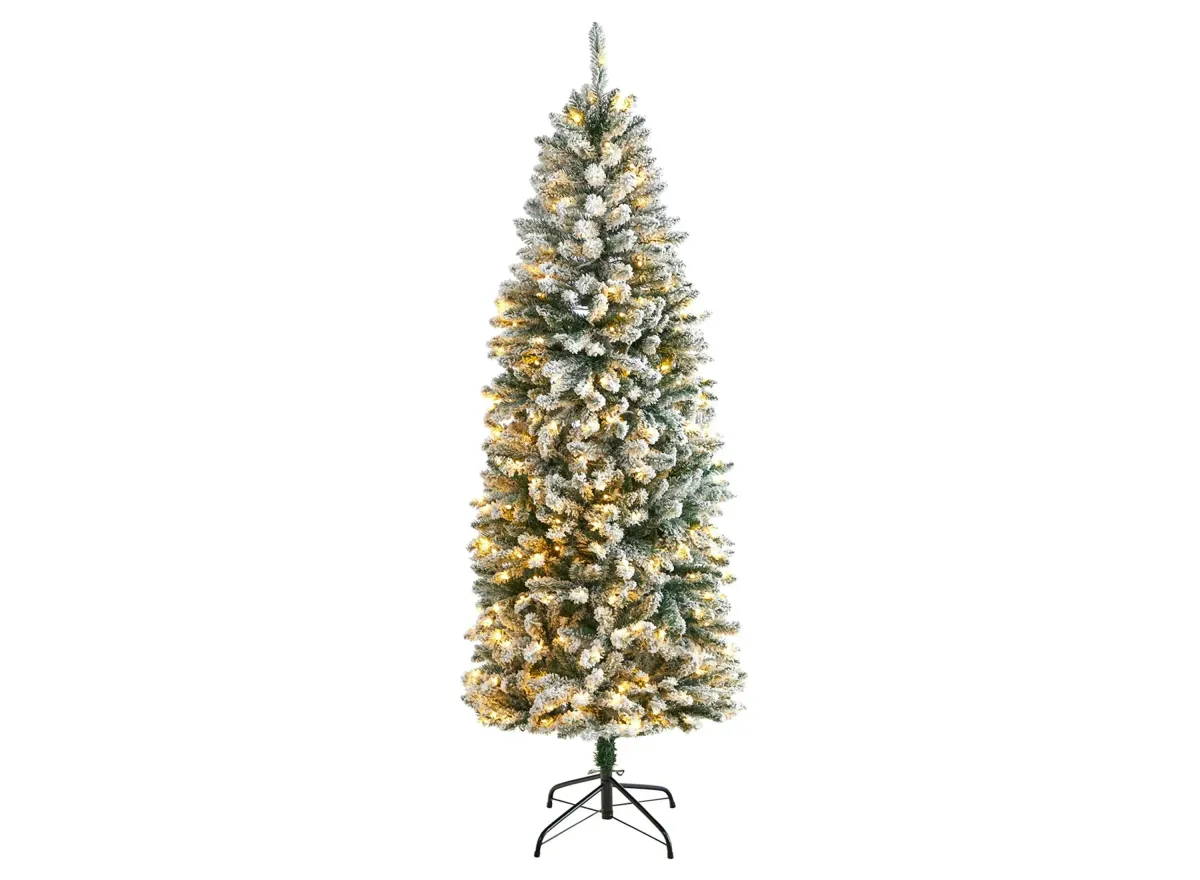 6' Pre-Lit Slim Flocked Montreal Fir Artificial Tree in Green by Bellanest