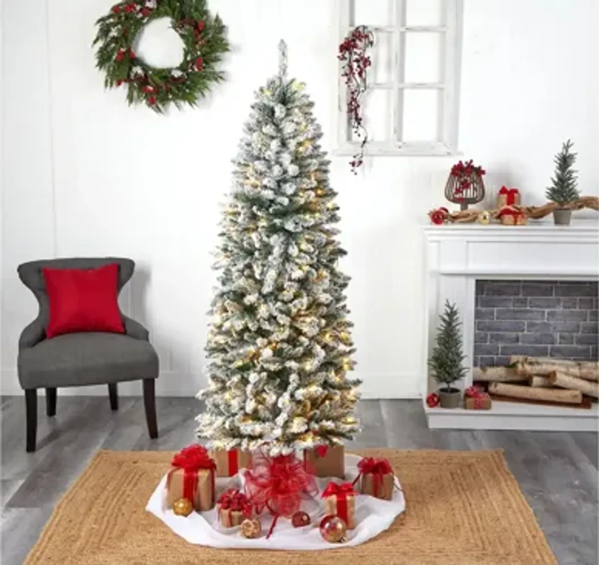 6' Pre-Lit Slim Flocked Montreal Fir Artificial Tree