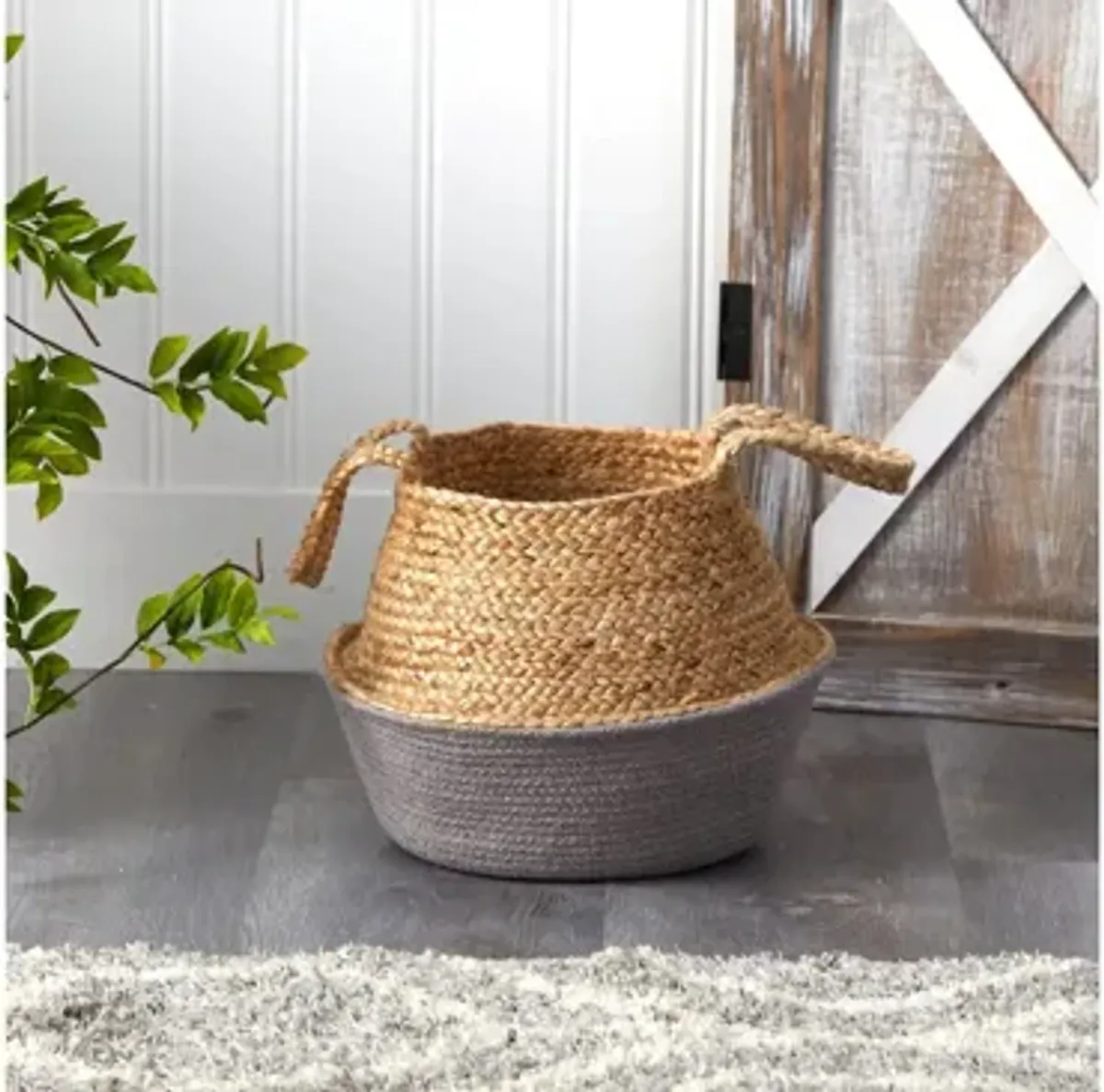 14in. Boho Chic Handmade Cotton & Jute Gray Woven Basket Planter