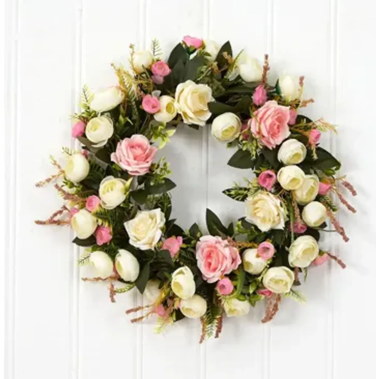 20in. White & Pink Rose Artificial Wreath