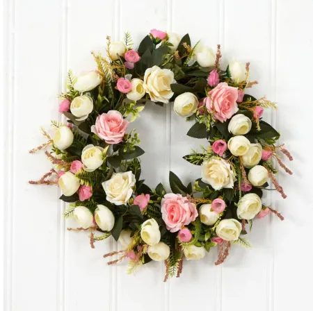 20in. White & Pink Rose Artificial Wreath in Pink by Bellanest