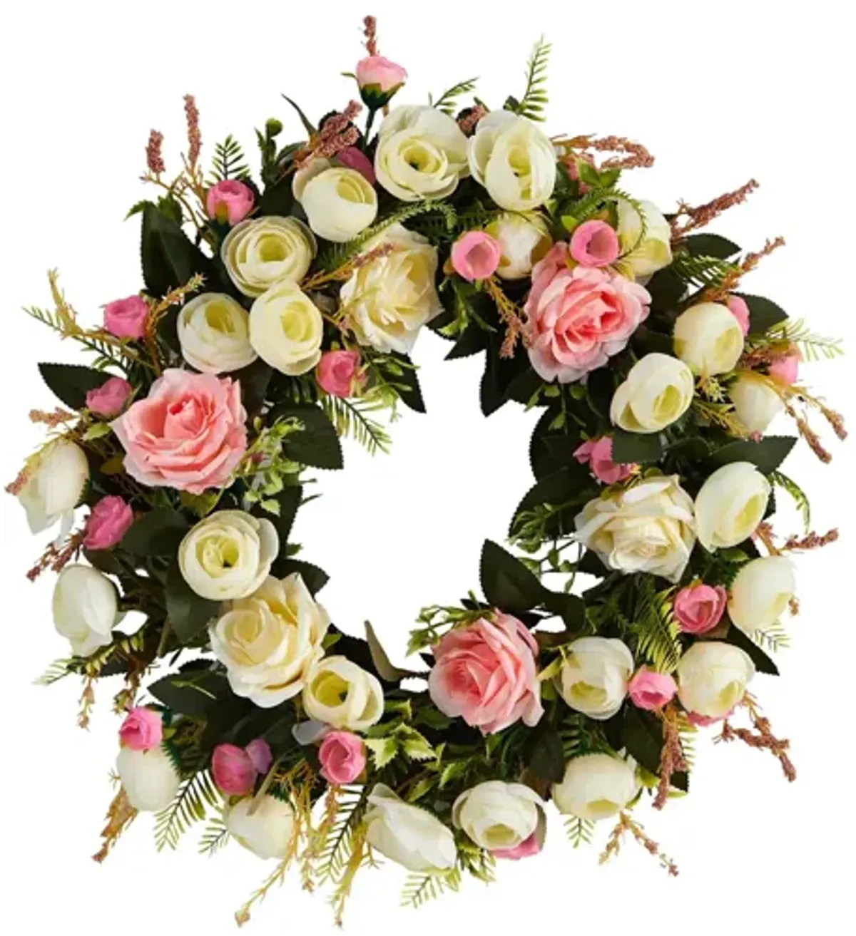 20in. White & Pink Rose Artificial Wreath