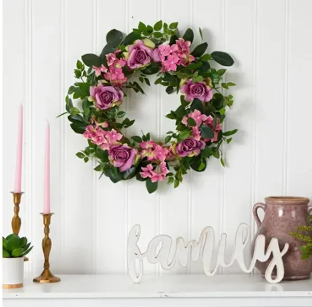 22in. Pink Hydrangea and Rose Artificial Wreath