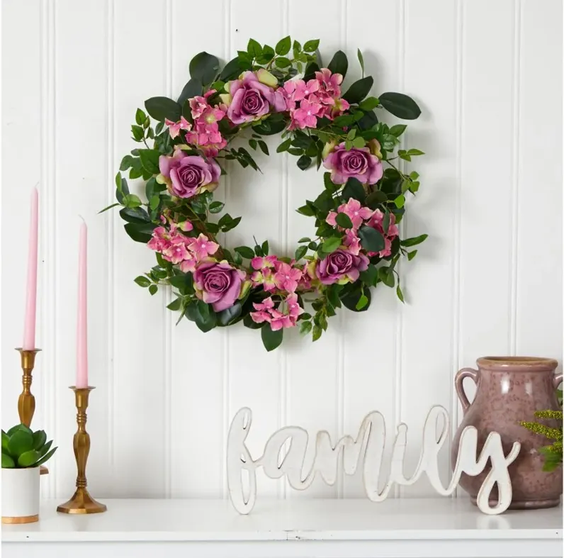 22in. Pink Hydrangea and Rose Artificial Wreath in Pink by Bellanest