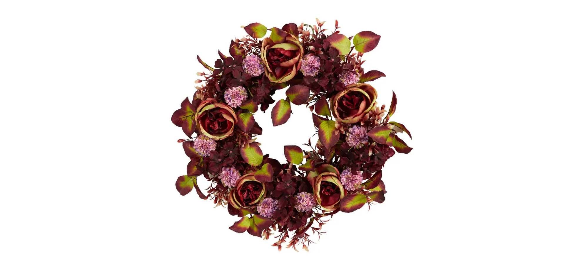 22in. Mixed Fall Rose and Hydrangea Autumn Artificial Wreath in Purple by Bellanest