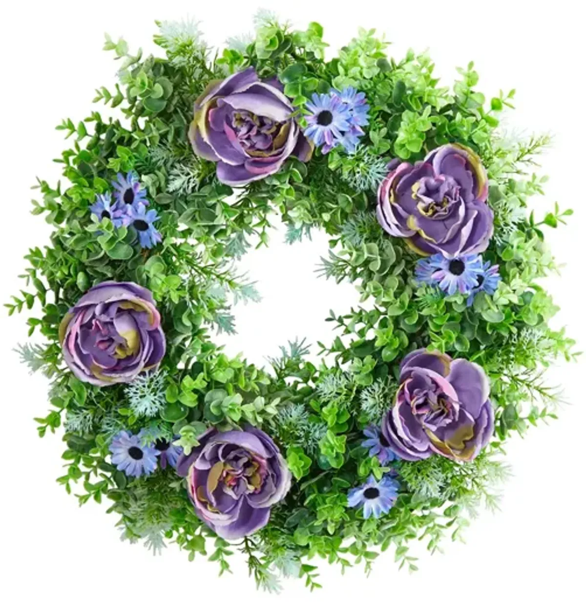 22in. Purple Rose, Blue Daisy and Greens Artificial Wreath in Purple by Bellanest