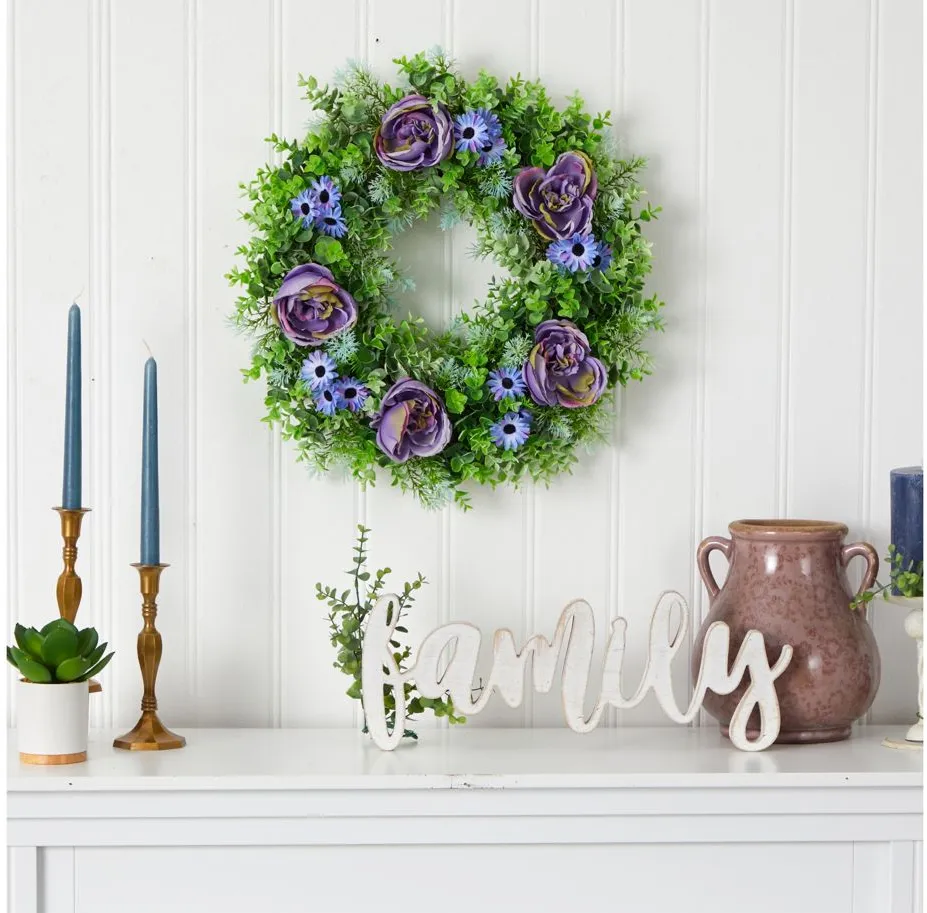 22in. Purple Rose, Blue Daisy and Greens Artificial Wreath in Purple by Bellanest