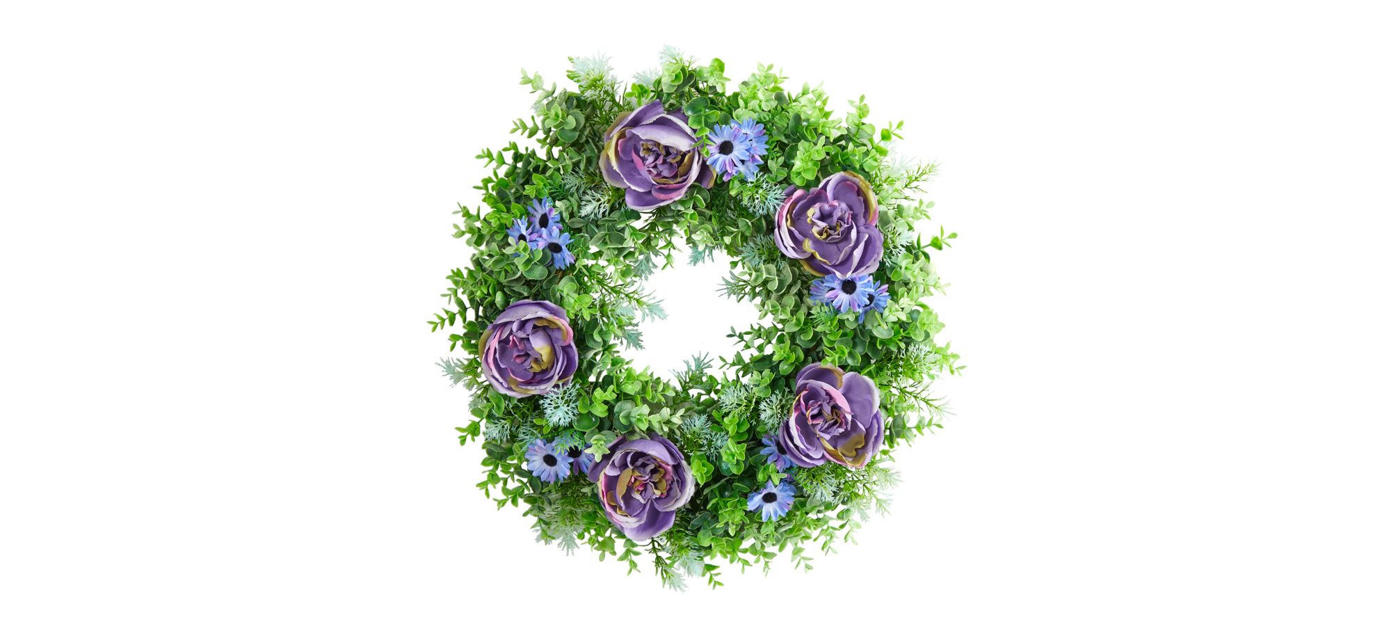 22in. Purple Rose, Blue Daisy and Greens Artificial Wreath in Purple by Bellanest