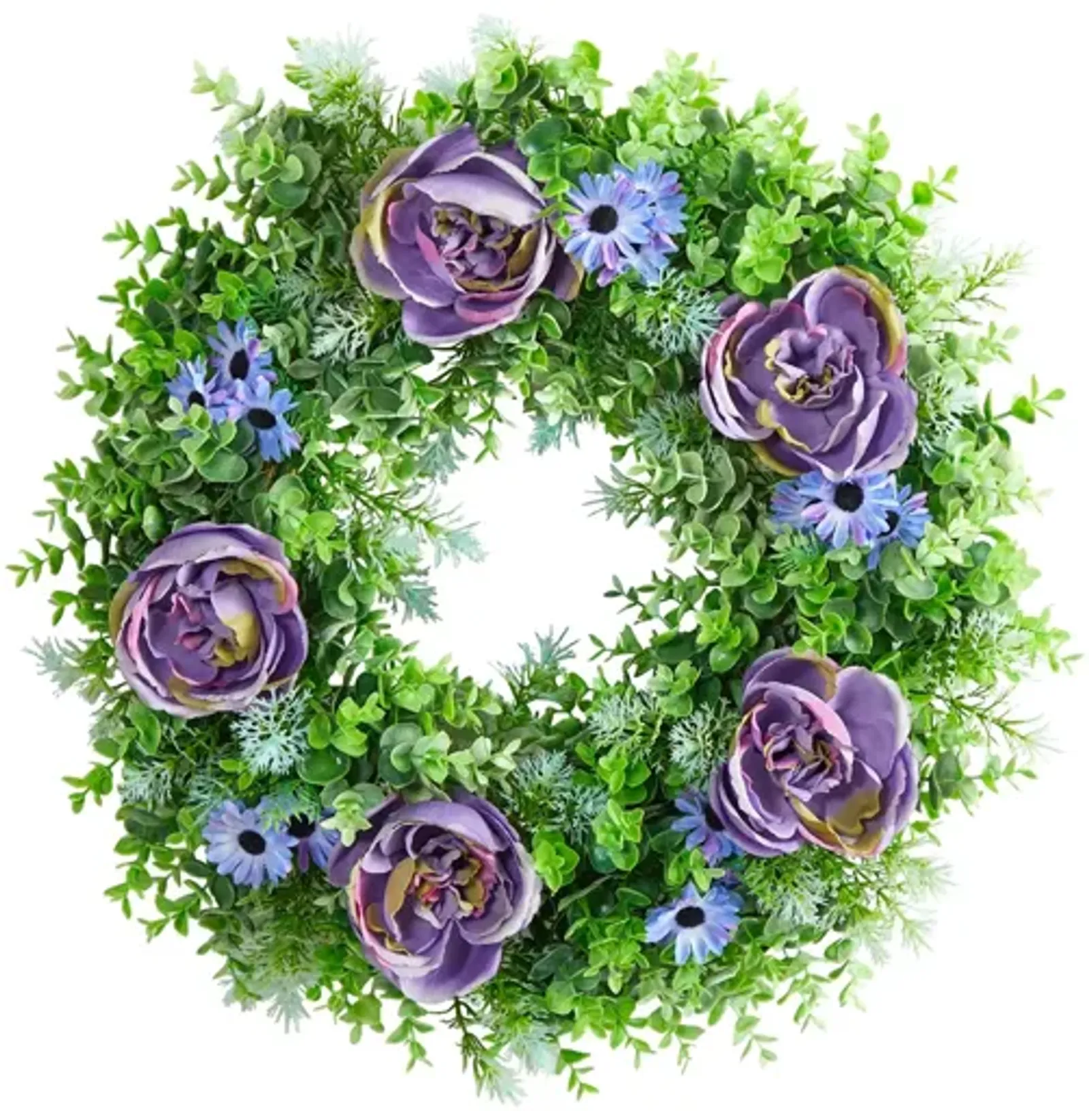 22in. Purple Rose, Blue Daisy and Greens Artificial Wreath