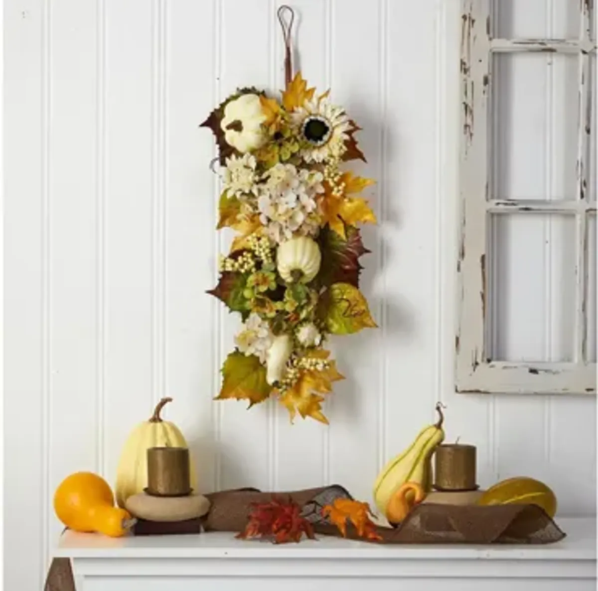 33in. Fall Sunflower, Hydrangea and White Pumpkin Artificial Autumn Teardrop